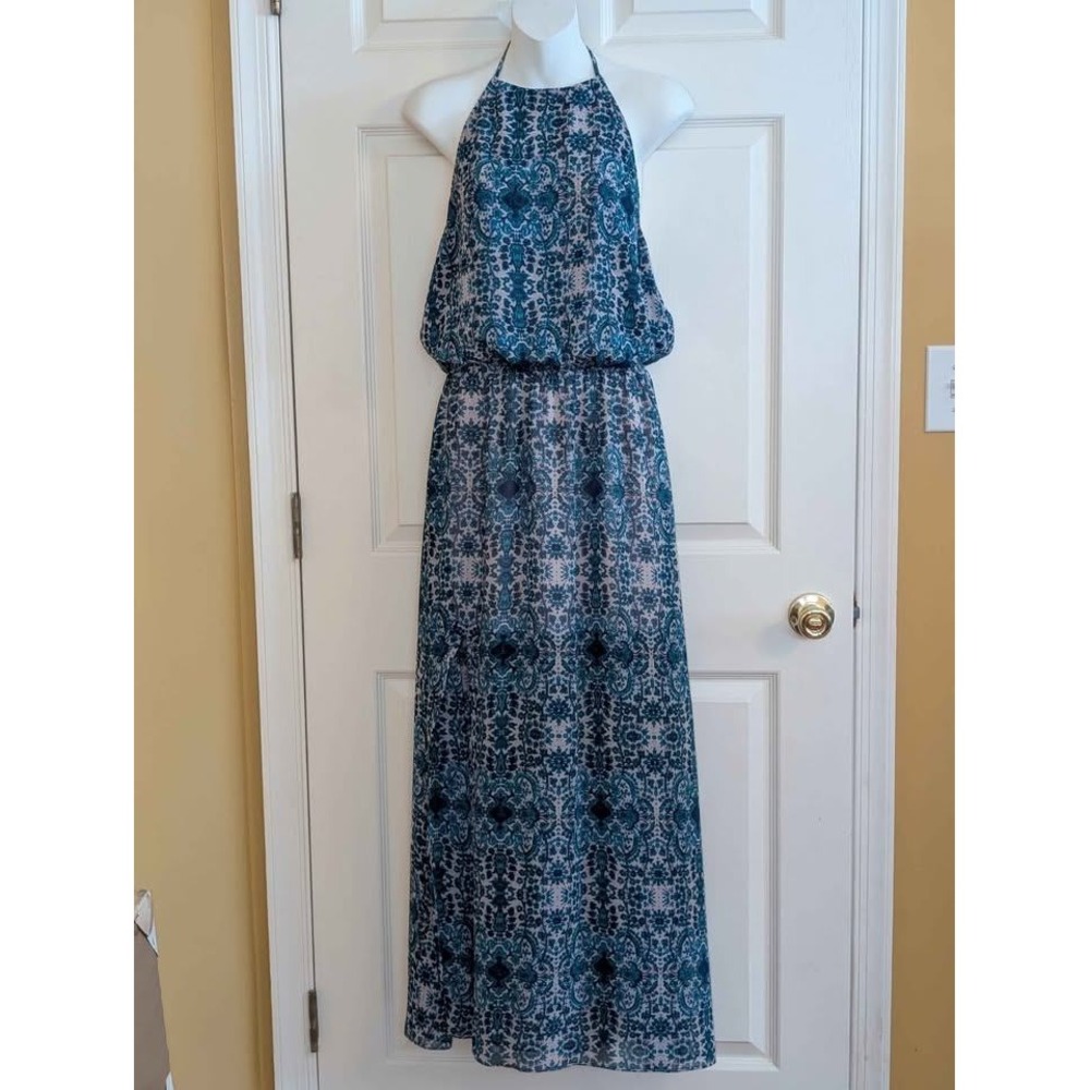 Show Me Your Mumu Heather Halter Maxi Dress Blue Boho Slit Skirt Sleeveless M